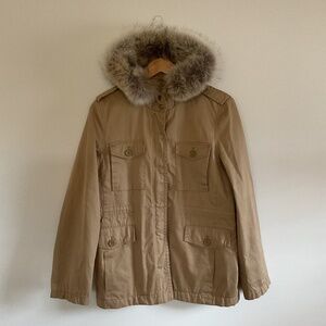 J.Crew Coyote Fur Hood Quilted Field Utility Safari Jacket Womens Sz M Tan Y2K